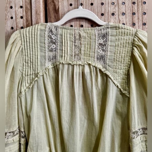 Free People Sage Mint Green Eloise Bodysuit Blouse Lace Pleated Balloon Sleeves - Picture 9 of 10